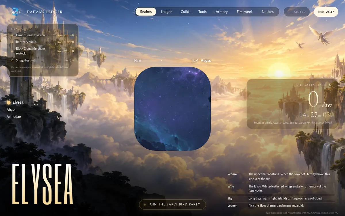 Daeva's Ledger, an Aion 2 companion site: the Elysea realm page with a launch countdown, live event timers and a floating-island sky.
