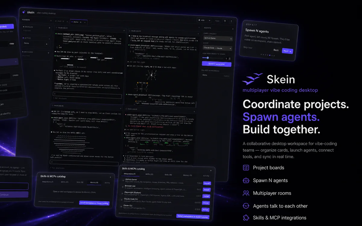 Skein desktop app with four Claude Code panes, a kanban column, room sharing and a skills and MCP catalog.